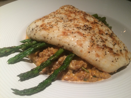 Hearth-Roasted Halibut on asparagus, butternut squash farro, and baby kale