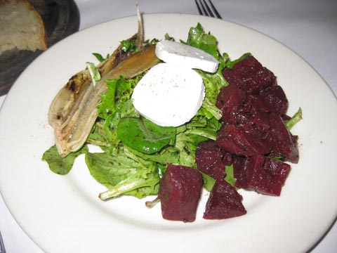 Roasted Beets salad: grilled endives, goat cheese, sherry vinaigrette over mesclun, $14
