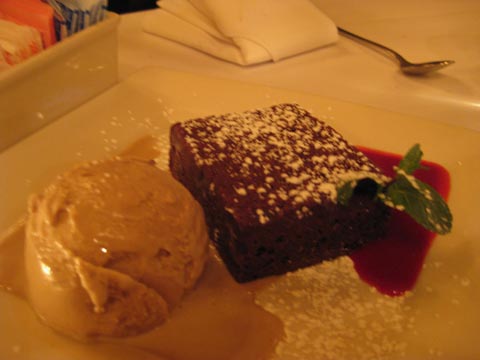 Chocolate Brownie Cake french dark chocolate, raspberry sauce with nocciola gelato, $8