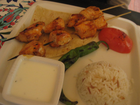 Chicken Kebaab platter with white sauce and rice, $12.95