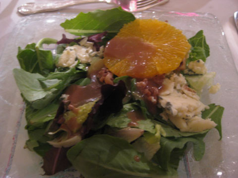 Mixed Leaf Salad with Blue Cheese, Walnuts, Orange, and Balsamic