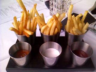 Duck fat fries, comes with 3 dipping sauces: BBQ, Ranch and Ketchup