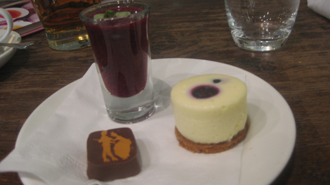 Blueberry cheesecake, a blueberry soup shot and a chocolate chai truffle